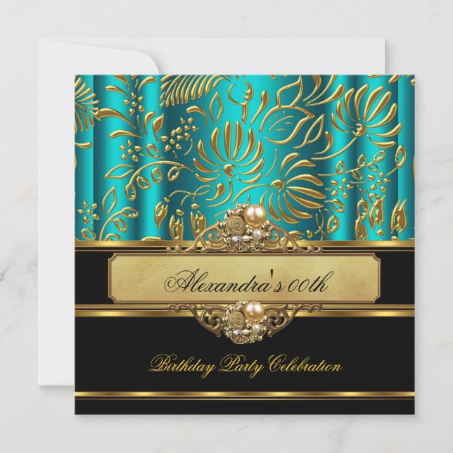 Elegant Jade Blue Green Gold Damask Pearl Party Invitation (Front)