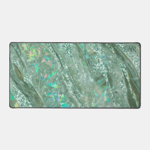 Elegant Jade Green Glitter Holographic Opal Marble Desk Mat
