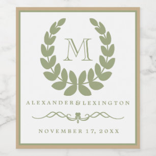 Elegant Jade Monogram Laurel Wreath Wedding Wine Label