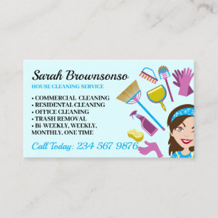 Elegant Janitorial Lady Cartoon House Cleaning Business Card