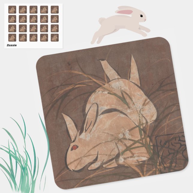 Elegant Japanese Art Vintage Rabbits Sticker (Lovely vintage Asian rabbits stickers, for Easter, or year-round.)