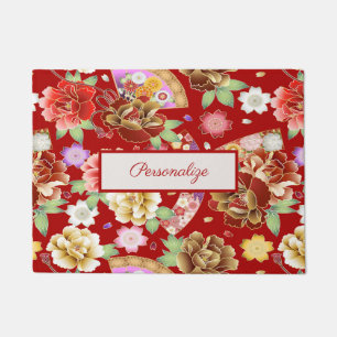Elegant Japanese Asian Art Red Floral Pattern Doormat