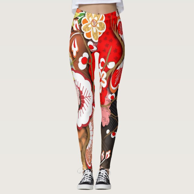 Elegant Japanese Autumn Kimono Leggings (Front)