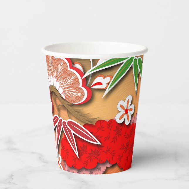 Elegant Japanese Autumn Kimono Paper Cups (Back)