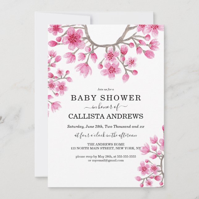 Elegant Japanese Cherry Blossom Floral Baby Shower Invitation (Front)