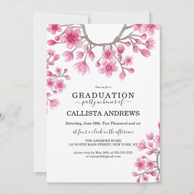 Elegant Japanese Cherry Blossom Floral Graduation Invitation (Front)