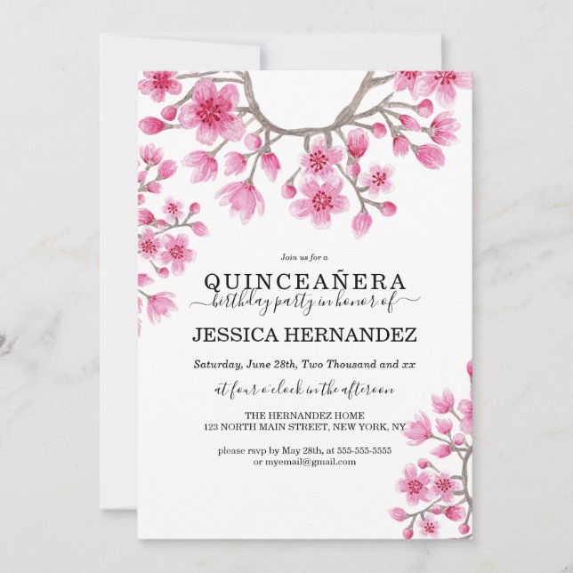 Elegant Japanese Cherry Blossom Floral Quinceañera Invitation (Front)