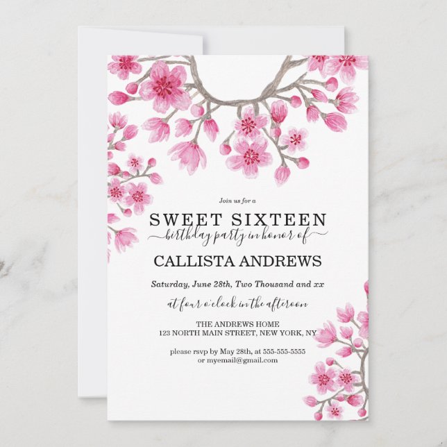 Elegant Japanese Cherry Blossom Floral Sweet 16 Invitation (Front)
