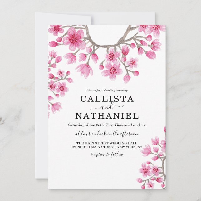 Elegant Japanese Cherry Blossom Floral Wedding Invitation (Front)