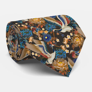 Elegant Japanese Crane And Blue Chrysanthemum Tie