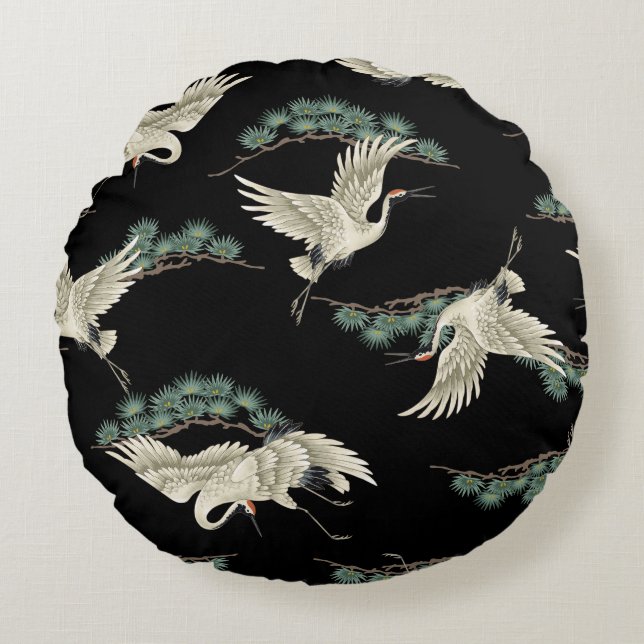 Elegant Japanese crane: artistic depiction. Round Cushion (Front)