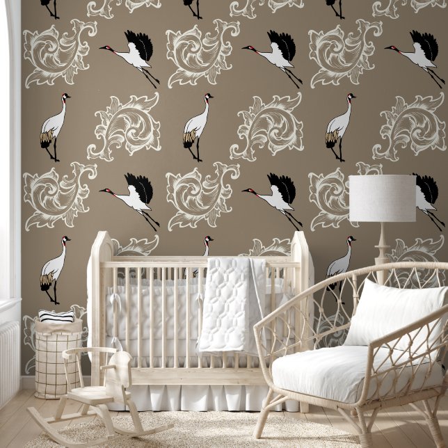 Elegant Japanese Crane Birds & Flourishes Wallpaper (Kids)