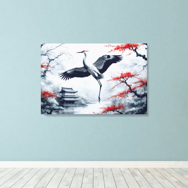 Elegant Japanese Crane In Japanese Garden Canvas Print (Insitu(Wood Floor))