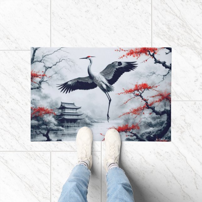 Elegant Japanese Crane In Japanese Garden Doormat (Indoor)