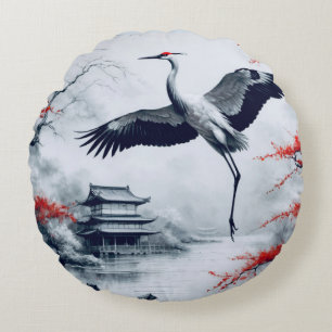Elegant Japanese Crane In Japanese Garden Round Cushion