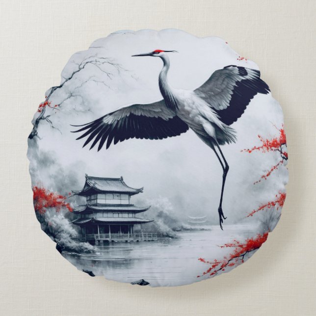 Elegant Japanese Crane In Japanese Garden Round Cushion (Front)