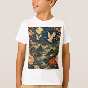 Elegant Japanese Crane Moon Landscape Kids T-Shirt