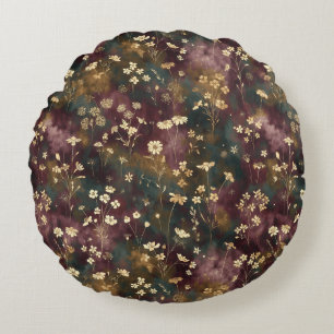 Elegant Japanese Floral – Moody Plum & Teal  Round Cushion