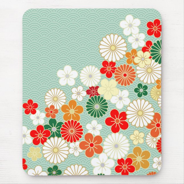 Elegant Japanese Floral Pattern Mousepad (Front)