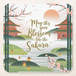 Elegant Japanese Garden Design - Sakura Blossoms Square Paper Coaster