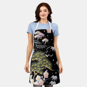 Elegant Japanese Inspired Botanical Artwork Apron