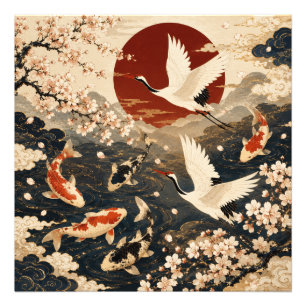 Elegant Japanese Koi & Crane Serenity Photo Print