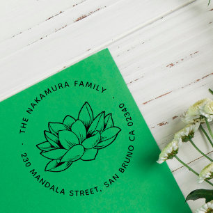 Elegant Japanese Lotus Round Name & Return Address Self-inking Stamp