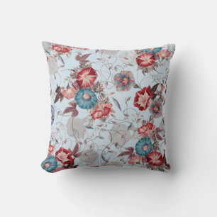 Elegant Japanese Morning Glory Red Blue Floral Cushion