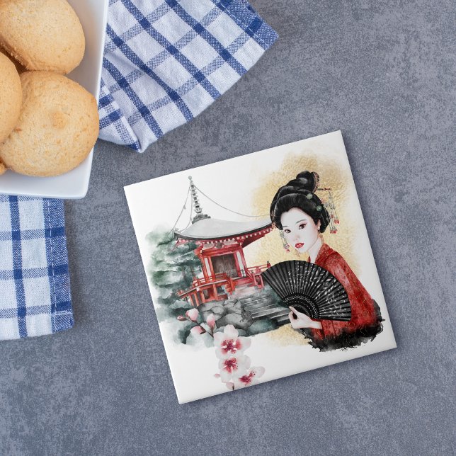 Elegant Japanese Pagoda Geisha Girl Tile (Creator Uploaded)