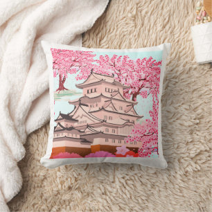 Elegant Japanese Sakura Castle Art Throw Pillow - 