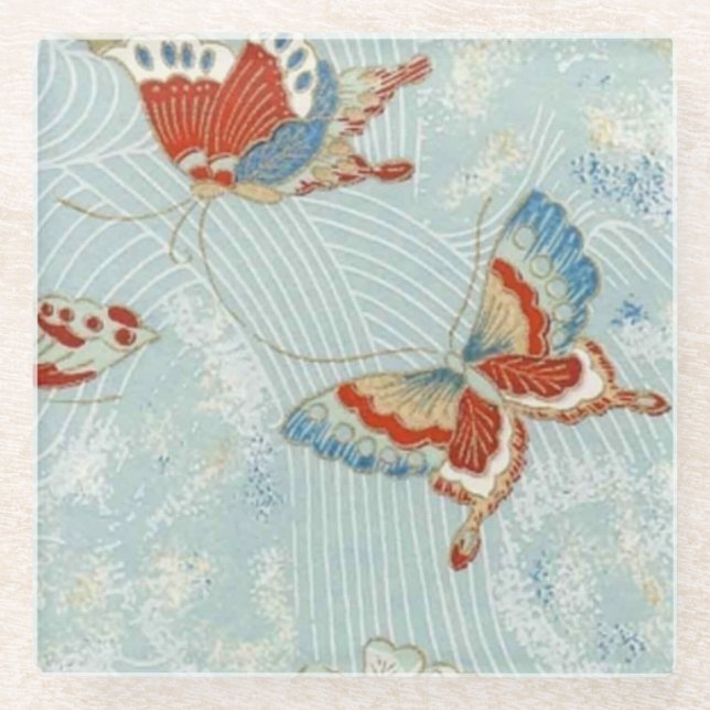 Elegant Japanese Washi Origami Butterflies Glass Coaster (Front)