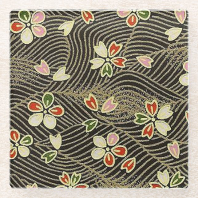Elegant Japanese Washi Origami Cherry Blossoms Glass Coaster (Front)