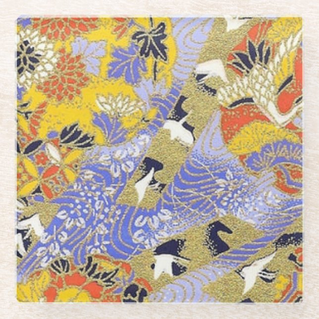 Elegant Japanese Washi Origami Lucky Cranes Glass Coaster (Front)