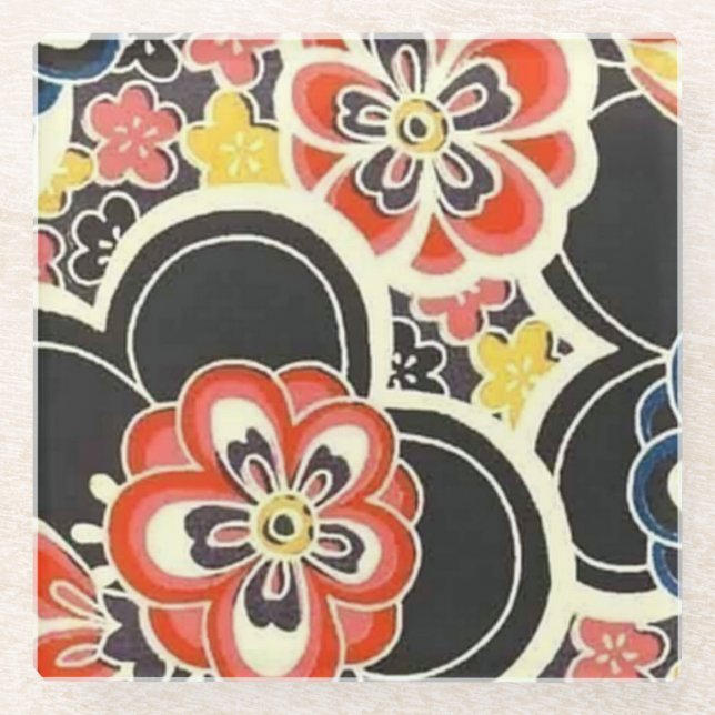 Elegant Japanese Washi Origami Modern Flowers Glass Coaster (Front)