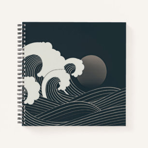 Elegant Japanese Waves Black and White Artwork Notebook
