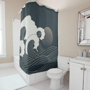 Elegant Japanese Waves Black and White Artwork   Shower Curtain