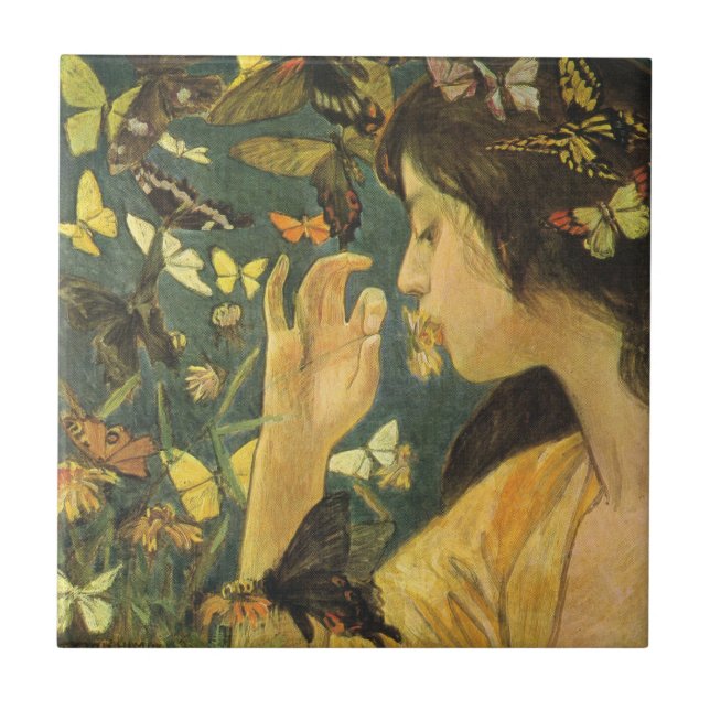 Elegant Japanese Woman With Beautiful Butterflies Tile (Front)