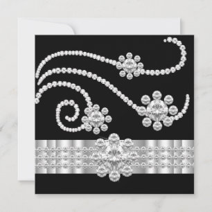 Elegant Jewel diamonds Black Silver Birthday Party Invitation