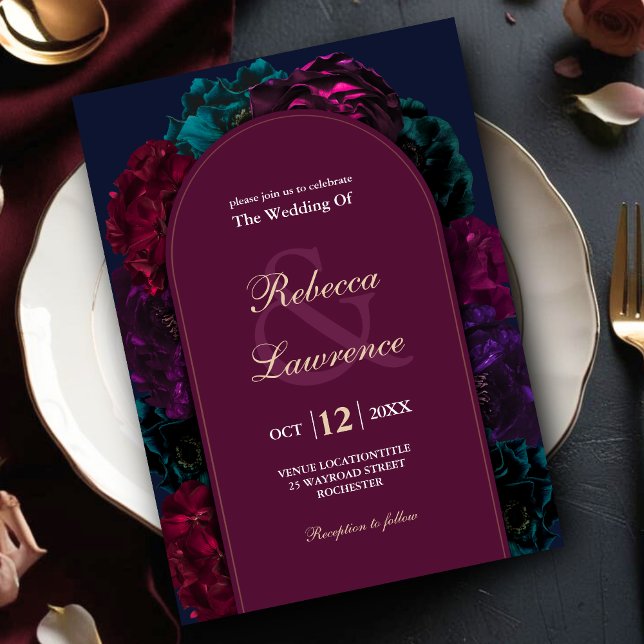 Elegant jewel tones floral burgundy blue wedding invitation (Creator Uploaded)