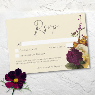 Elegant Jewel Vintage Floral Ivory Wedding QR RSVP Card