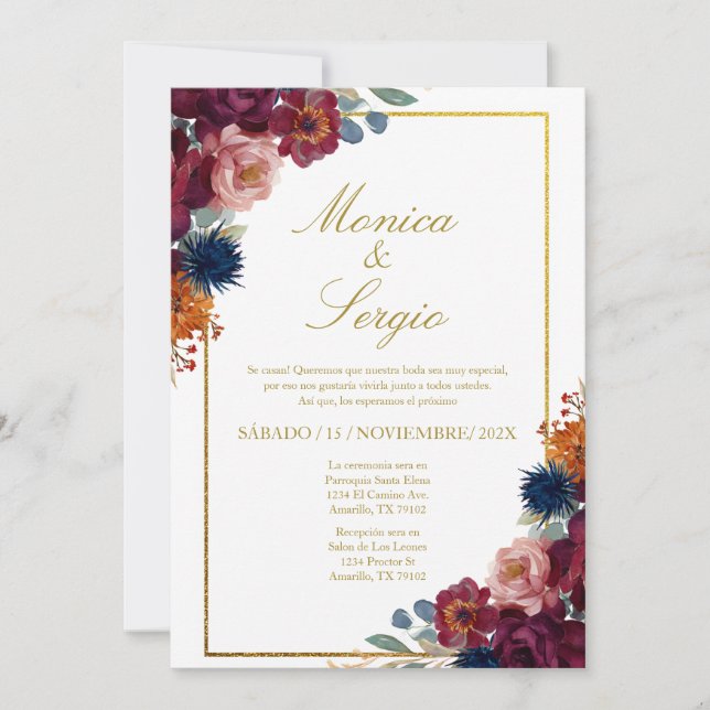 Elegant jewel with frame spanish wedding invitation (Front)