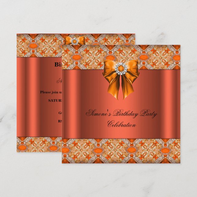 Elegant Jewelled Orange Bow Diamonds Party Invitation (Front/Back)