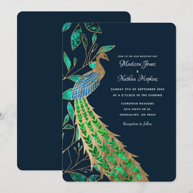 Elegant Jewelled Peacock Wedding Invitation (Front/Back)