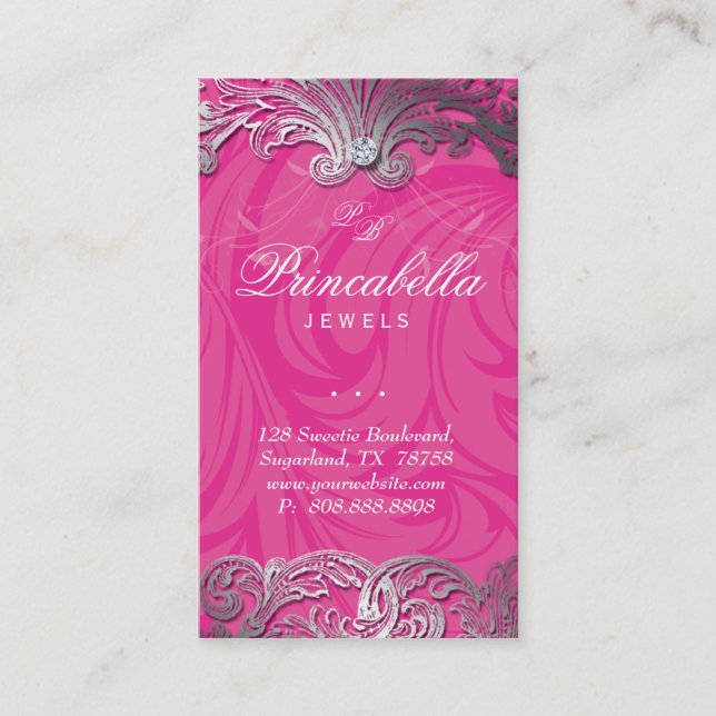 Elegant Jewellery Business Card Leaves Pink Silver (Front)