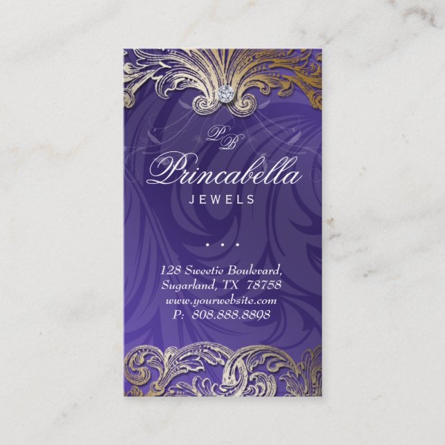 Elegant Jewellery Business Card Leaves Purple Gold (Front)