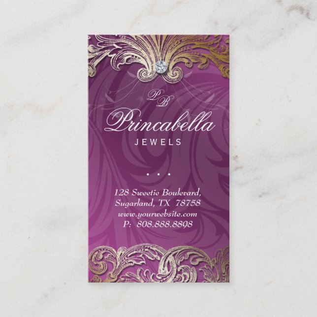 Elegant Jewellery Business Card Leaves Violet Gold (Front)
