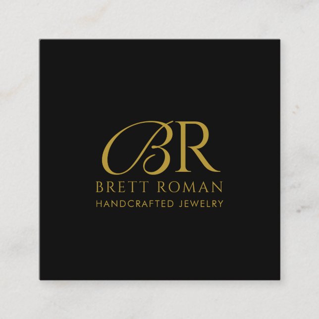 Elegant Jewellery Designer Gold Monogram Black Square Business Card (Front)