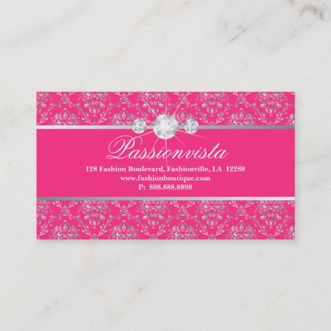 Elegant Jewellery Diamonds Silver Pink Damask Business Card (Front)