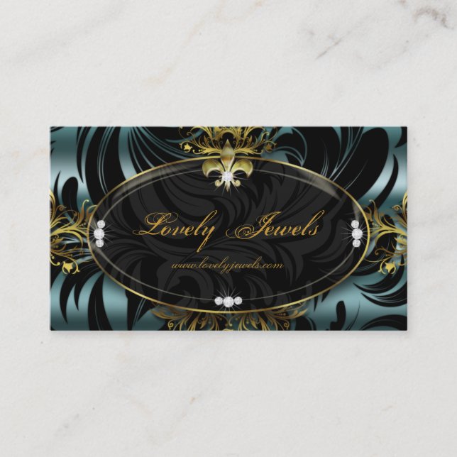 Elegant Jewellery Fashion Fleur de lis Gold Teal Business Card (Front)