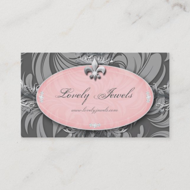 Elegant Jewellery Fashion Fleur de lis Pink Grey Business Card (Front)